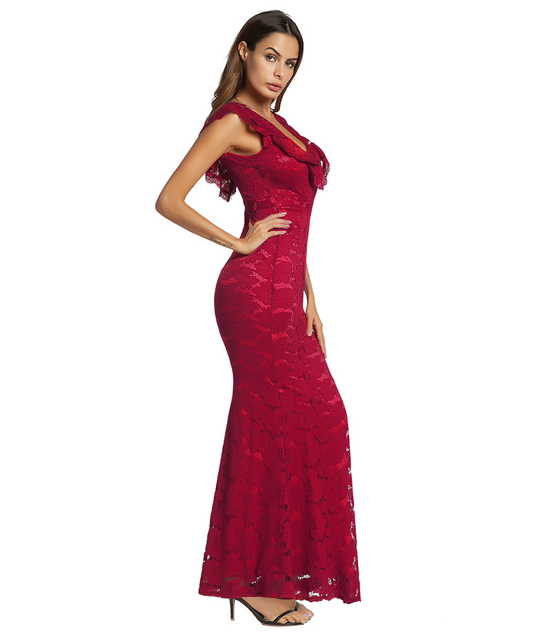 SZ60143-1 Deep V-Neck Flounce Lace Plain Mermaid Evening Dress